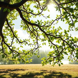 A whimsical scene depicting tree branches gracefully dancing in the wind, adorned with vibrant green leaves
