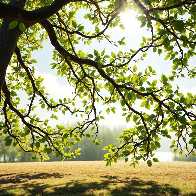 A whimsical scene depicting tree branches gracefully dancing in the wind, adorned with vibrant green leaves