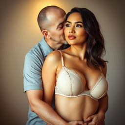 A 39-year-old Indonesian man with pure white skin affectionately hugs a stunning 28-year-old woman from behind, gently kissing her cheek