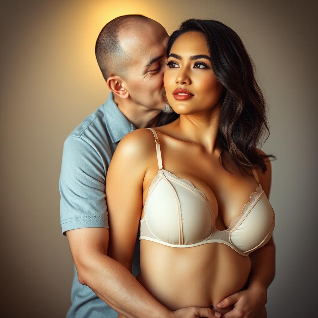 A 39-year-old Indonesian man with pure white skin affectionately hugs a stunning 28-year-old woman from behind, gently kissing her cheek