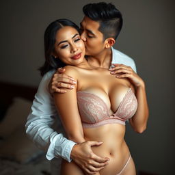A 39-year-old Indonesian man with pure white skin affectionately hugs a stunning 28-year-old woman from behind, gently kissing her cheek