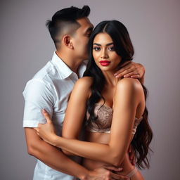 A 39-year-old Indonesian man with pure white skin affectionately hugs a captivating 28-year-old woman from behind, gently kissing her cheek