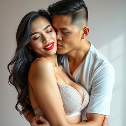 A 39-year-old Indonesian man with pure white skin affectionately hugs a captivating 28-year-old woman from behind, gently kissing her cheek