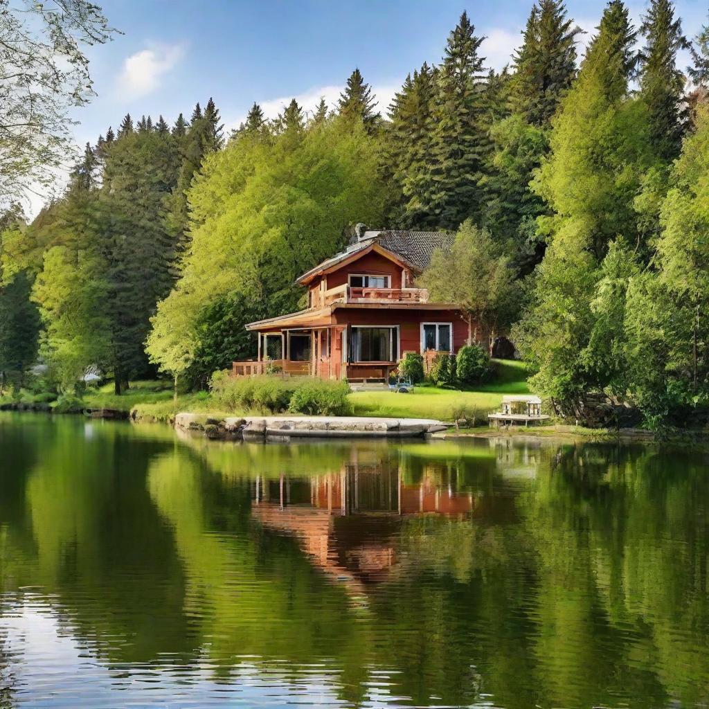 A charming, peaceful house located on the shore of a serene, tranquil lake.