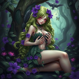 A gothic submissive anime plant girl with long wavy green hair, adorned with vibrant purple flowers