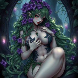 A gothic submissive anime plant girl, caressing her very large breasts, with thick thighs that enhance her alluring figure