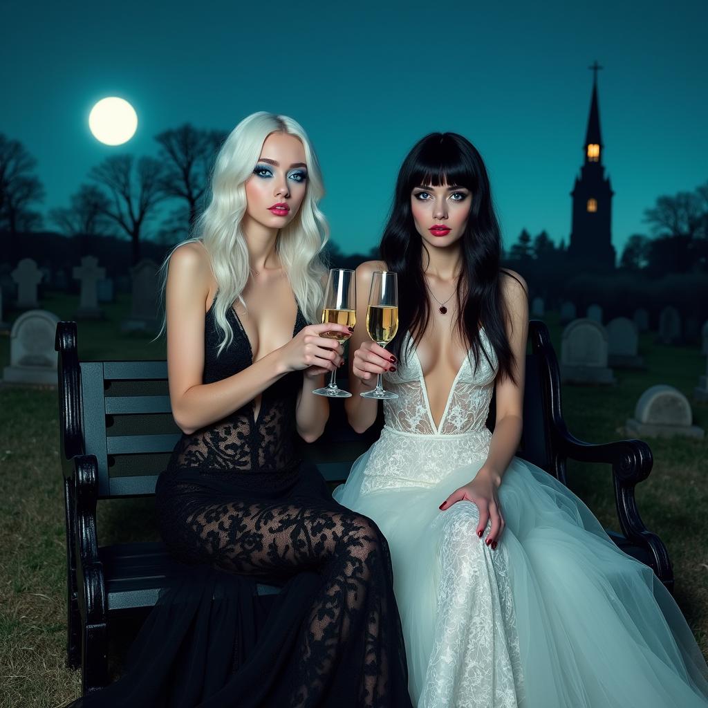 A Salvador Dali inspired psychedelic scene depicting two stunning 18-year-old girls in a cemetery at midnight