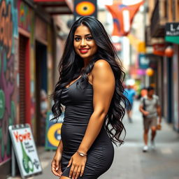 A stunning curvy Latina woman standing confidently in a vibrant urban setting