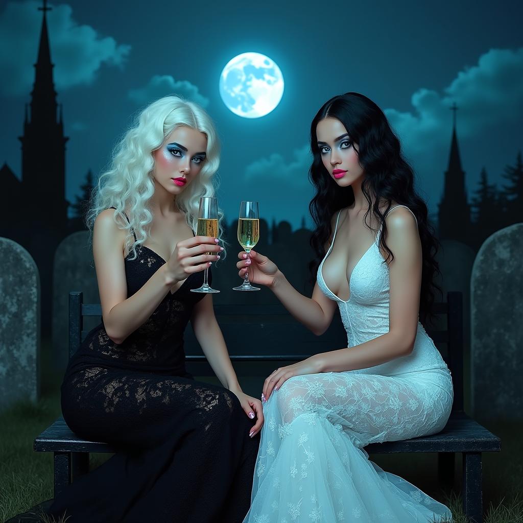 A Salvador Dali inspired psychedelic scene featuring two stunning 18-year-old girls in a midnight cemetery