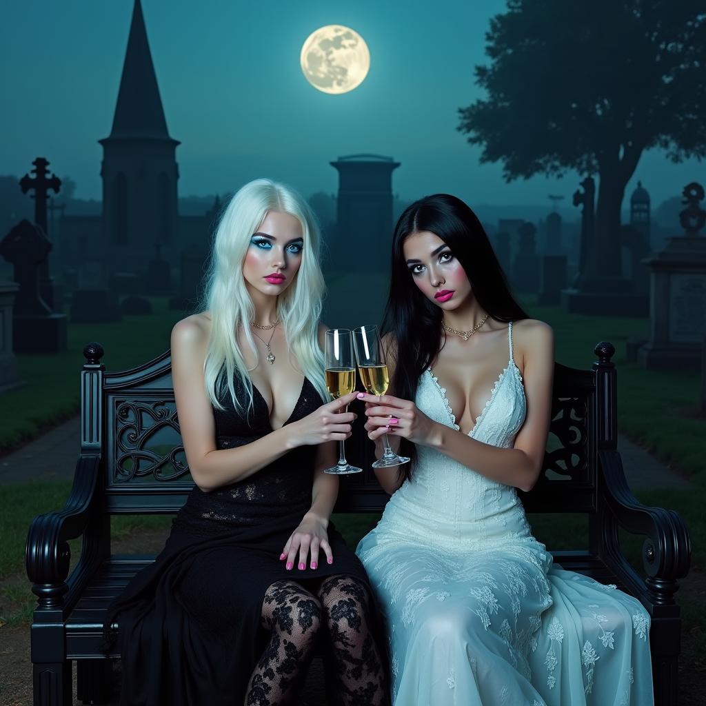 A Salvador Dali inspired psychedelic scene featuring two extraordinarily beautiful 18-year-old girls in a midnight cemetery setting