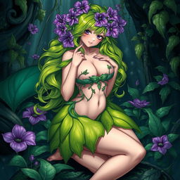 A submissive anime plant girl in a very seductive position, gently caressing her very large breasts
