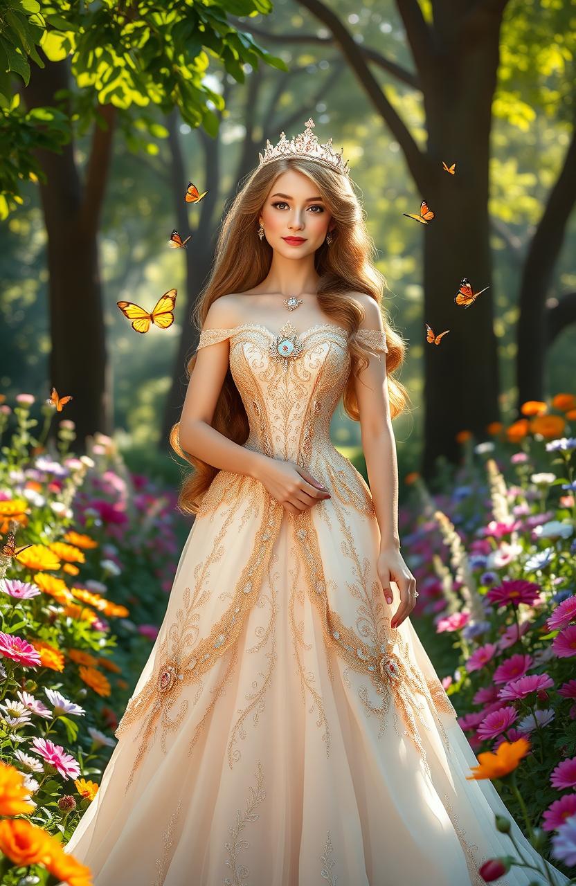 A beautiful princess standing elegantly in a lush garden filled with colorful flowers and tall trees