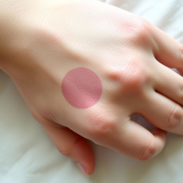 A close-up image of a natural human hand with slight swelling and a gentle bruise on the wrist, showing realistic skin texture and subtle variations in color