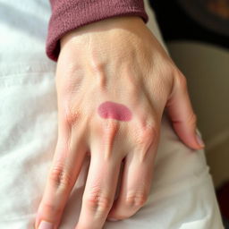 A close-up image of a natural human hand with slight swelling and a gentle bruise on the wrist, showing realistic skin texture and subtle variations in color