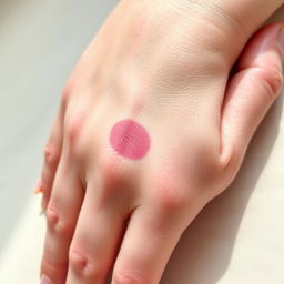 A close-up image of a natural human hand with slight swelling and a gentle bruise on the wrist, showing realistic skin texture and subtle variations in color