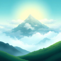 An animation scene featuring a majestic mountain shrouded in mist, with soft clouds drifting around it