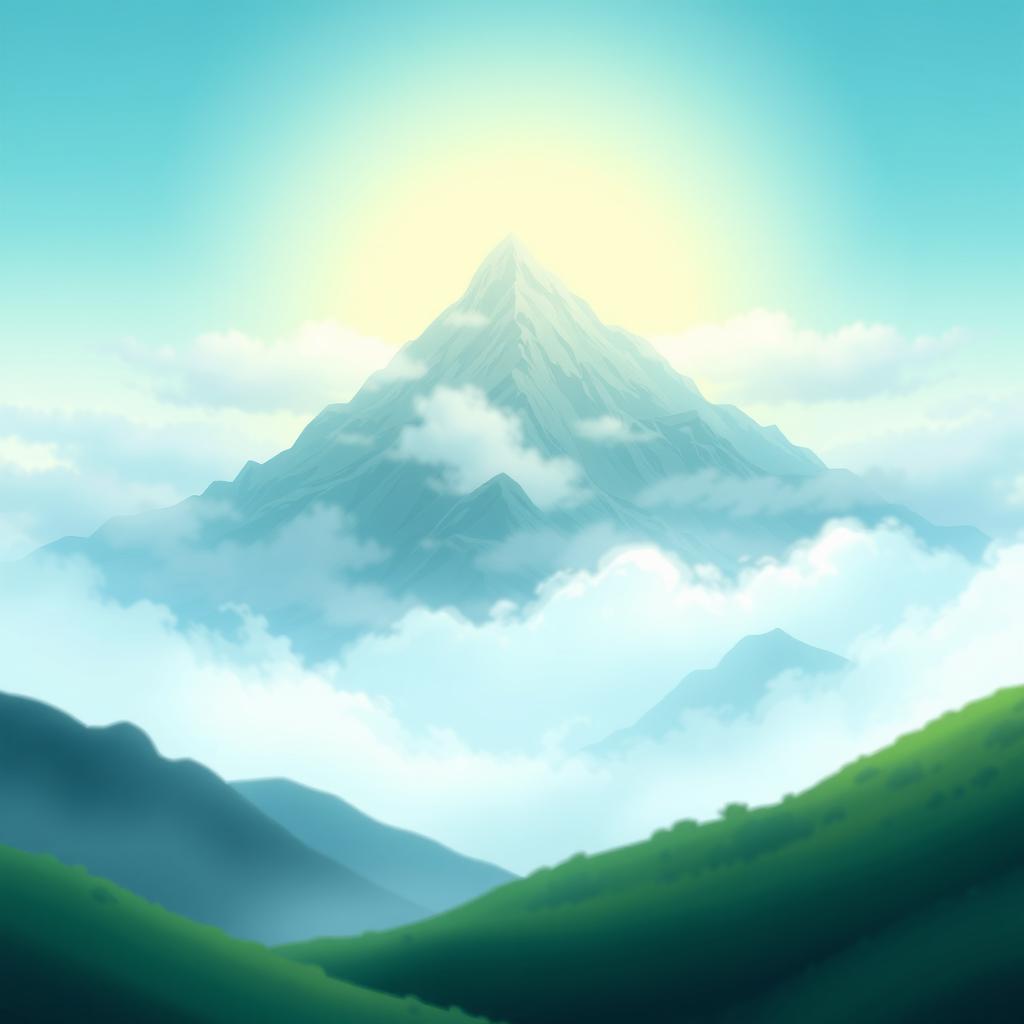 An animation scene featuring a majestic mountain shrouded in mist, with soft clouds drifting around it