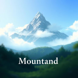 An animation scene featuring a majestic mountain shrouded in mist, with soft clouds drifting around it