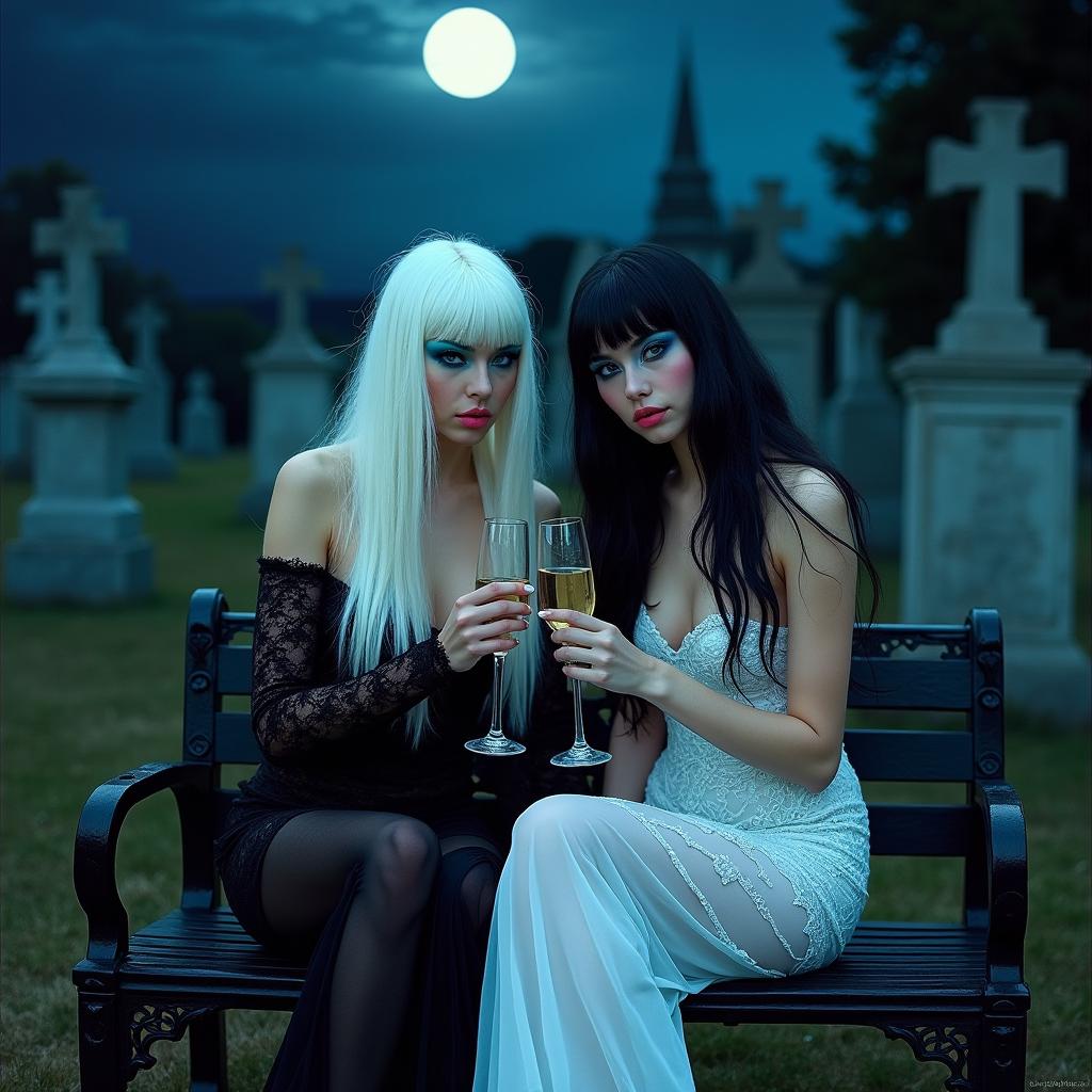 A Salvador Dali inspired psychedelic scene featuring two extraordinarily beautiful 18-year-old girls in a cemetery at midnight