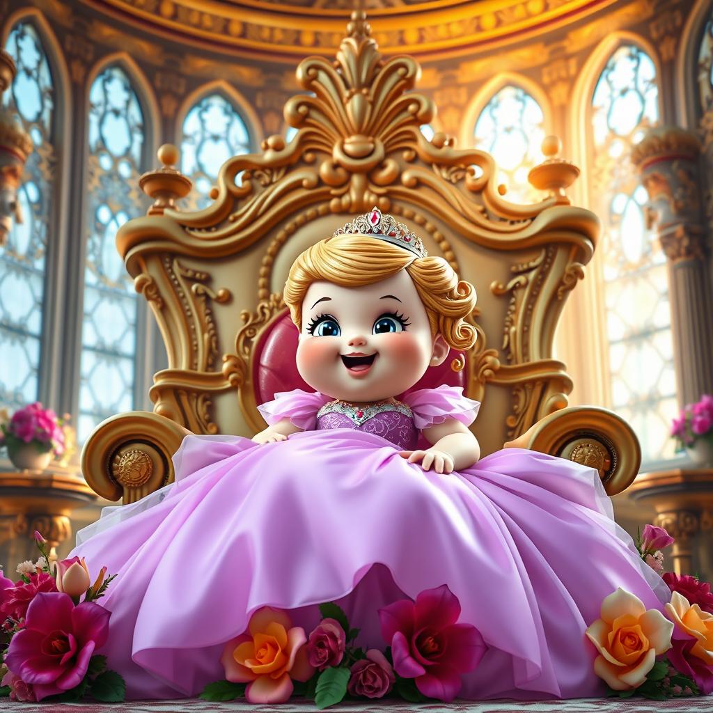 A chubby princess in an elegant gown, sitting on a grand throne