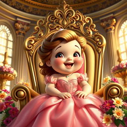 A chubby princess in an elegant gown, sitting on a grand throne