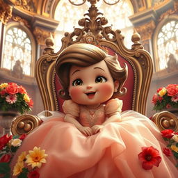A chubby princess in an elegant gown, sitting on a grand throne
