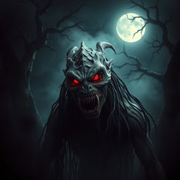 A terrifying Aswang with a grotesque face, showcasing sharp teeth and glowing red eyes, surrounded by dark, eerie mist in a haunted forest setting