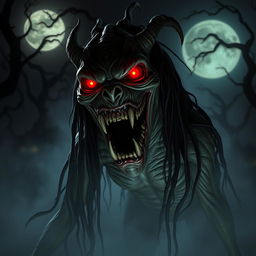 A terrifying Aswang with a grotesque face, showcasing sharp teeth and glowing red eyes, surrounded by dark, eerie mist in a haunted forest setting