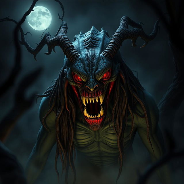 A terrifying Aswang with a grotesque face, showcasing sharp teeth and glowing red eyes, surrounded by dark, eerie mist in a haunted forest setting