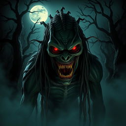 A terrifying Aswang with a grotesque face, showcasing sharp teeth and glowing red eyes, surrounded by dark, eerie mist in a haunted forest setting
