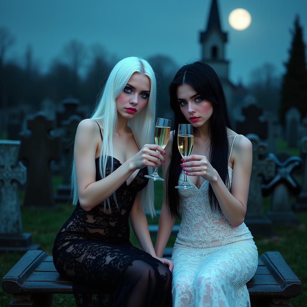 A Salvador Dali inspired psychedelic scene featuring two extraordinarily beautiful 18-year-old girls in a cemetery at midnight