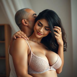 A 39-year-old Indonesian man with pure white skin tenderly embraces a beautiful 28-year-old woman from behind, affectionately kissing her cheek