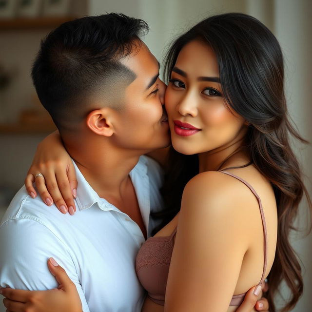 A 39-year-old Indonesian man with pure white skin tenderly embraces a beautiful 28-year-old woman from behind, affectionately kissing her cheek