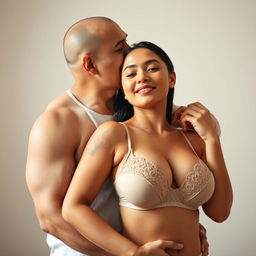 A 39-year-old Indonesian man with pure white skin tenderly embraces a beautiful 28-year-old woman from behind, affectionately kissing her cheek