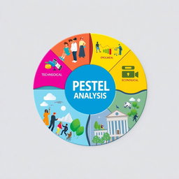 A conceptual illustration combining the five aspects of PESTEL analysis: social, technical, economic, ecological, and political