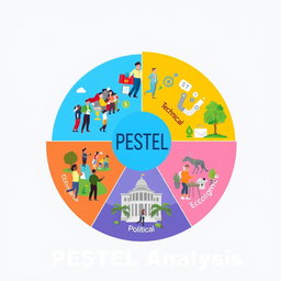 A conceptual illustration combining the five aspects of PESTEL analysis: social, technical, economic, ecological, and political