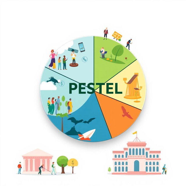 A conceptual illustration combining the five aspects of PESTEL analysis: social, technical, economic, ecological, and political