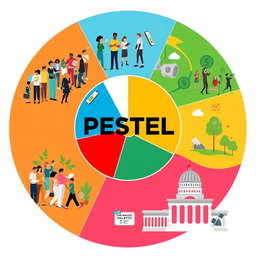 A conceptual illustration combining the five aspects of PESTEL analysis: social, technical, economic, ecological, and political