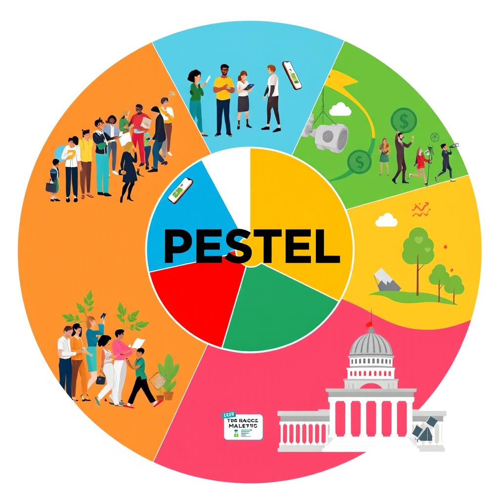 A conceptual illustration combining the five aspects of PESTEL analysis: social, technical, economic, ecological, and political