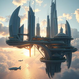 A breathtaking floating city in the sky, with futuristic architecture featuring sleek, towering skyscrapers made of glass and metal, interconnected by hanging gardens and bridges