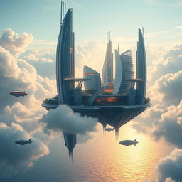 A breathtaking floating city in the sky, with futuristic architecture featuring sleek, towering skyscrapers made of glass and metal, interconnected by hanging gardens and bridges