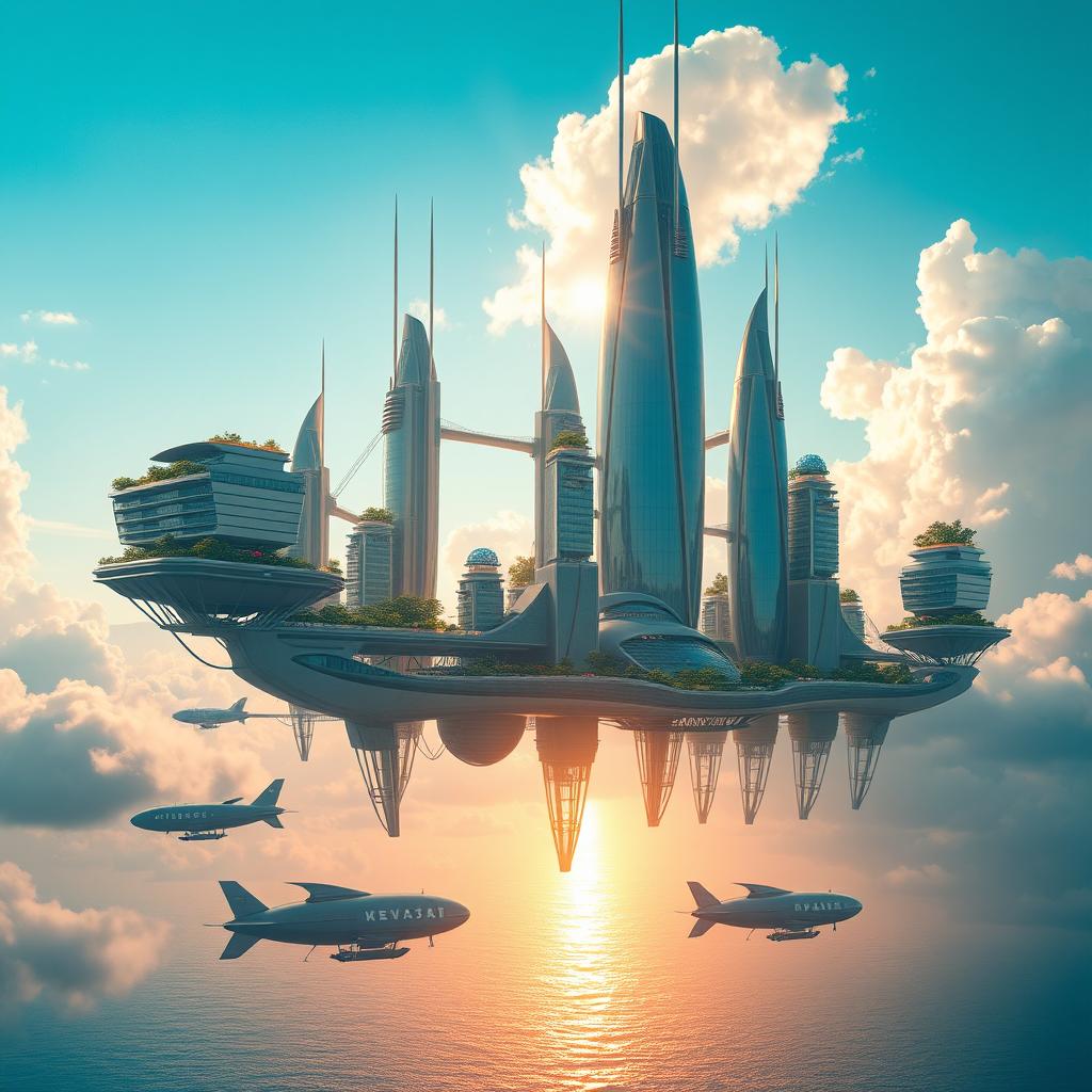A breathtaking floating city in the sky, with futuristic architecture featuring sleek, towering skyscrapers made of glass and metal, interconnected by hanging gardens and bridges