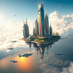 A breathtaking floating city in the sky, with futuristic architecture featuring sleek, towering skyscrapers made of glass and metal, interconnected by hanging gardens and bridges