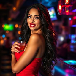A seductive Latina woman with long, flowing dark hair and luscious red lips