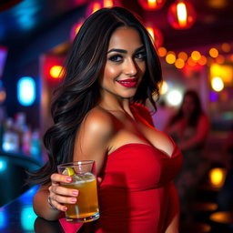 A seductive Latina woman with long, flowing dark hair and luscious red lips