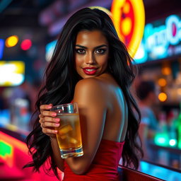 A seductive Latina woman with long, flowing dark hair and luscious red lips