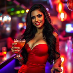 A seductive Latina woman with long, flowing dark hair and luscious red lips