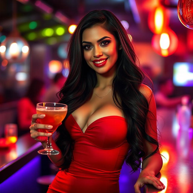 A seductive Latina woman with long, flowing dark hair and luscious red lips