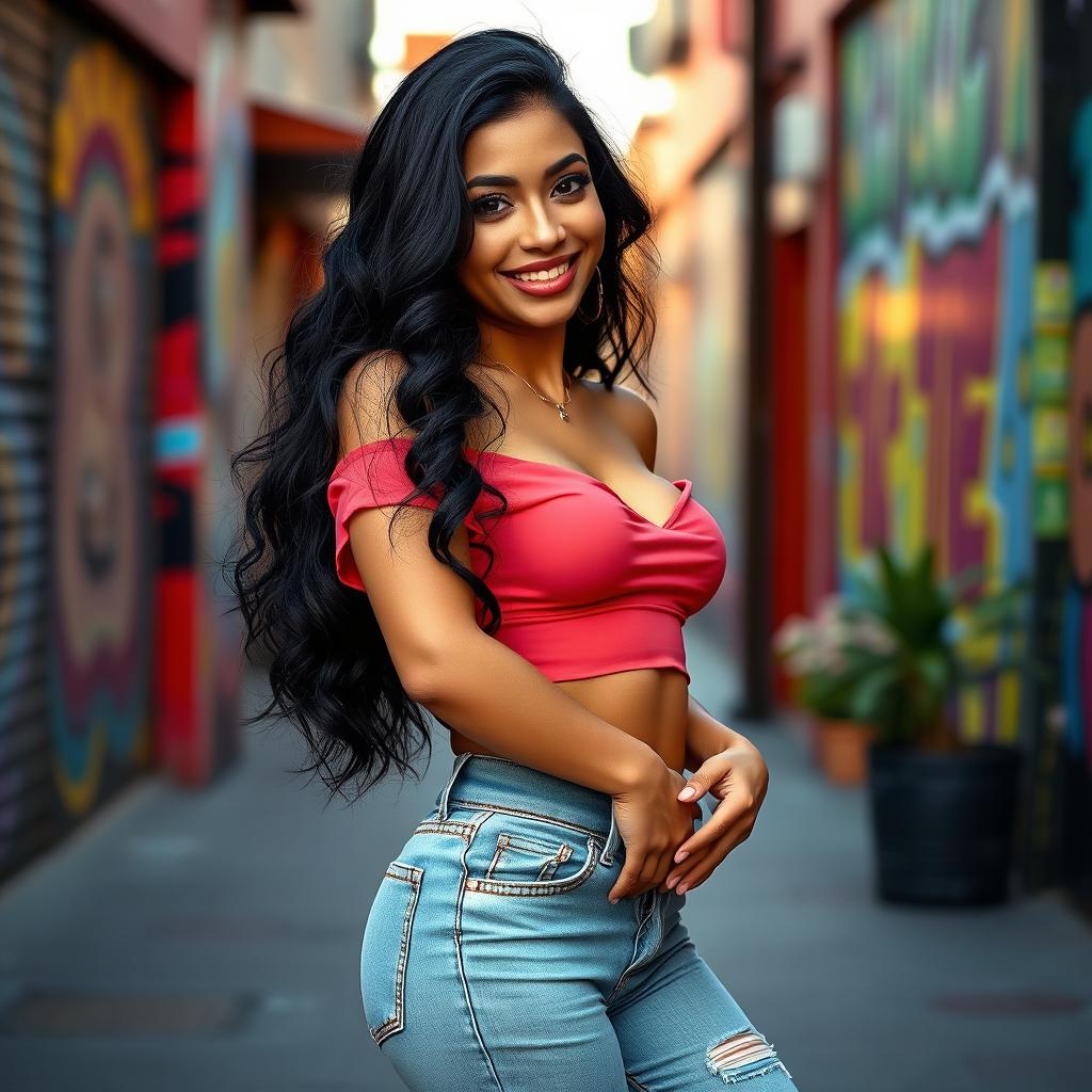 A sexy 20-year-old Mexican woman with long, wavy black hair and striking features