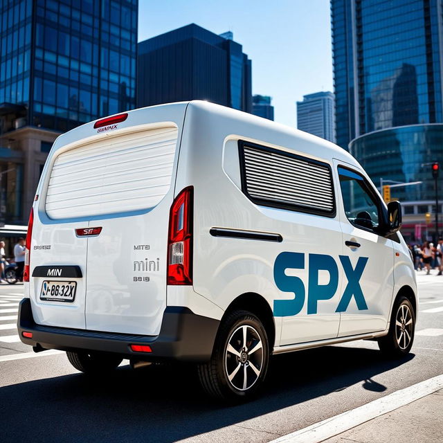 A white mini blind Grandmax van prominently displaying the SPX logo on its side